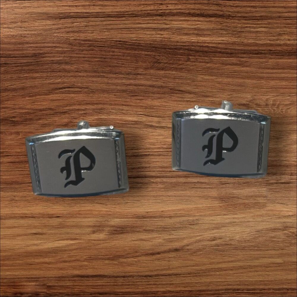 Vintage Hickok Initial P Monogram Cufflinks Silver Tone 3/4”